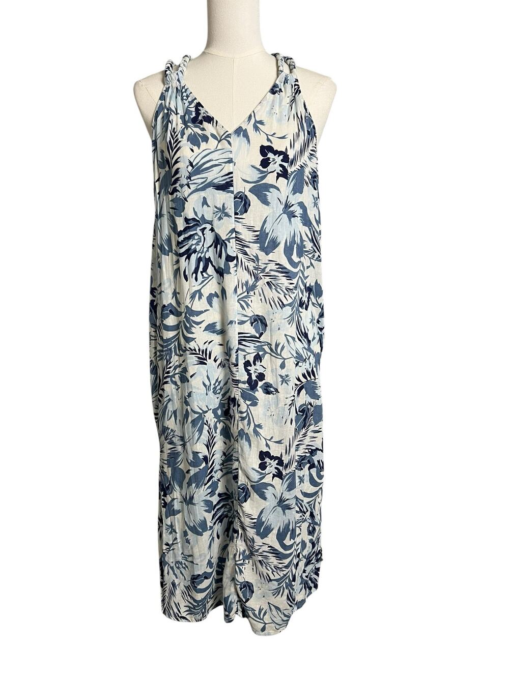 Linen Tropical Dress Hawaiian Braided Strap M / L Cruise Vacay Beach Shift